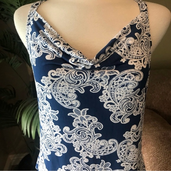 INC International Concepts Tops - 🇺🇸 INC Navy and White Lace Patterned Sleeveless Razor Back Top, Size S
